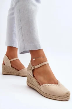 Zamszowe Sandały Espadryle Na Koturnie Z Plecionką Beżowe Raylin