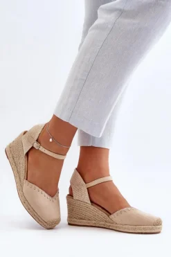 Zamszowe Sandały Espadryle Na Koturnie Z Plecionką Beżowe Raylin