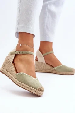 Zamszowe Sandały Espadryle Na Koturnie Z Plecionką Zielone Raylin