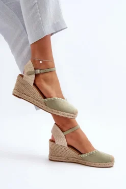 Zamszowe Sandały Espadryle Na Koturnie Z Plecionką Zielone Raylin