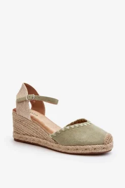 Zamszowe Sandały Espadryle Na Koturnie Z Plecionką Zielone Raylin