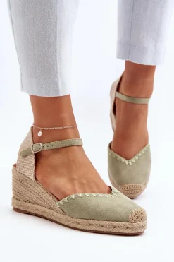 Zamszowe Sandały Espadryle Na Koturnie Z Plecionką Zielone Raylin