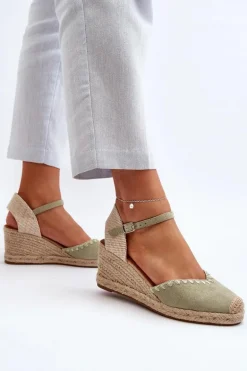 Zamszowe Sandały Espadryle Na Koturnie Z Plecionką Zielone Raylin