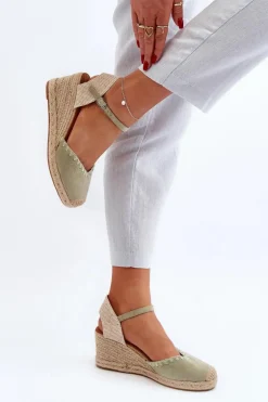 Zamszowe Sandały Espadryle Na Koturnie Z Plecionką Zielone Raylin