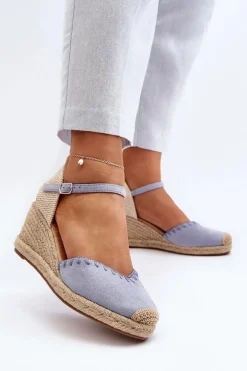 Zamszowe Sandały Espadryle Na Koturnie Z Plecionką Niebieskie Raylin