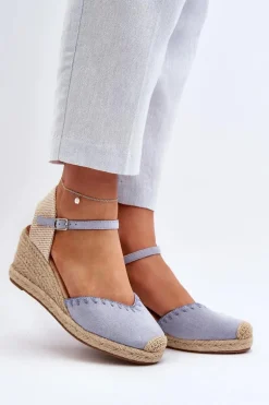 Zamszowe Sandały Espadryle Na Koturnie Z Plecionką Niebieskie Raylin