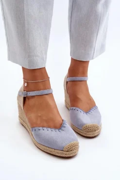 Zamszowe Sandały Espadryle Na Koturnie Z Plecionką Niebieskie Raylin