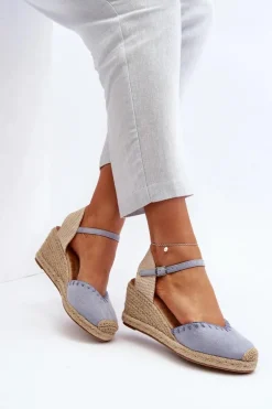 Zamszowe Sandały Espadryle Na Koturnie Z Plecionką Niebieskie Raylin