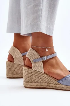 Zamszowe Sandały Espadryle Na Koturnie Z Plecionką Niebieskie Raylin