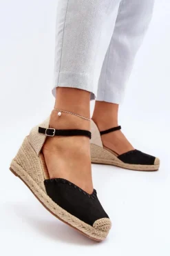 Zamszowe Sandały Espadryle Na Koturnie Z Plecionką Czarne Raylin