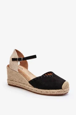 Zamszowe Sandały Espadryle Na Koturnie Z Plecionką Czarne Raylin