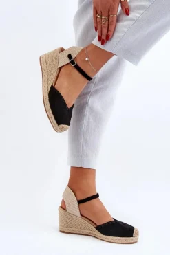 Zamszowe Sandały Espadryle Na Koturnie Z Plecionką Czarne Raylin