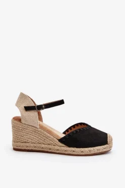 Zamszowe Sandały Espadryle Na Koturnie Z Plecionką Czarne Raylin