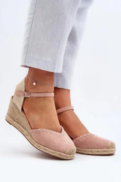 Zamszowe Sandały Espadryle Na Koturnie Z Plecionką Różowe Raylin