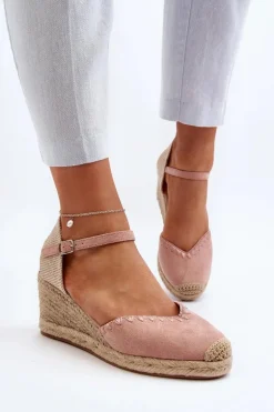 Zamszowe Sandały Espadryle Na Koturnie Z Plecionką Różowe Raylin