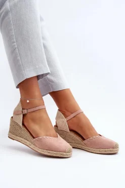 Zamszowe Sandały Espadryle Na Koturnie Z Plecionką Różowe Raylin