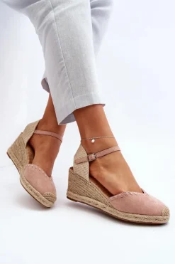 Zamszowe Sandały Espadryle Na Koturnie Z Plecionką Różowe Raylin