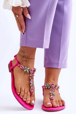 Zamszowe Sandały Japonki Z Kamieniami Różowe Frency