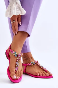 Zamszowe Sandały Japonki Z Kamieniami Różowe Frency