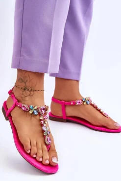 Zamszowe Sandały Japonki Z Kamieniami Różowe Frency