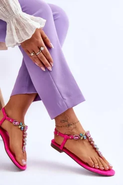 Zamszowe Sandały Japonki Z Kamieniami Różowe Frency