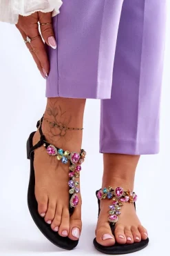 Zamszowe Sandały Japonki Z Kamieniami Czarne Frency