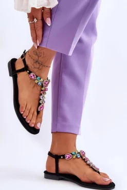 Zamszowe Sandały Japonki Z Kamieniami Czarne Frency