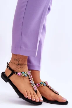 Zamszowe Sandały Japonki Z Kamieniami Czarne Frency