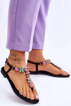 Zamszowe Sandały Japonki Z Kamieniami Czarne Frency