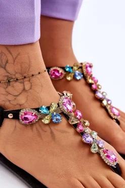 Zamszowe Sandały Japonki Z Kamieniami Czarne Frency