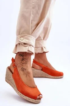 Zamszowe Sandały Na Koturnie Pomarańczowe Elsie