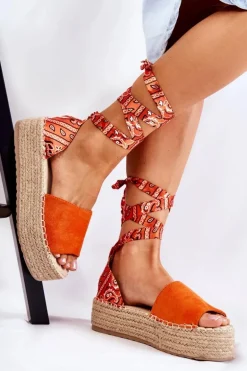 Zamszowe Sandały Na Koturnie Pomarańczowe Livia