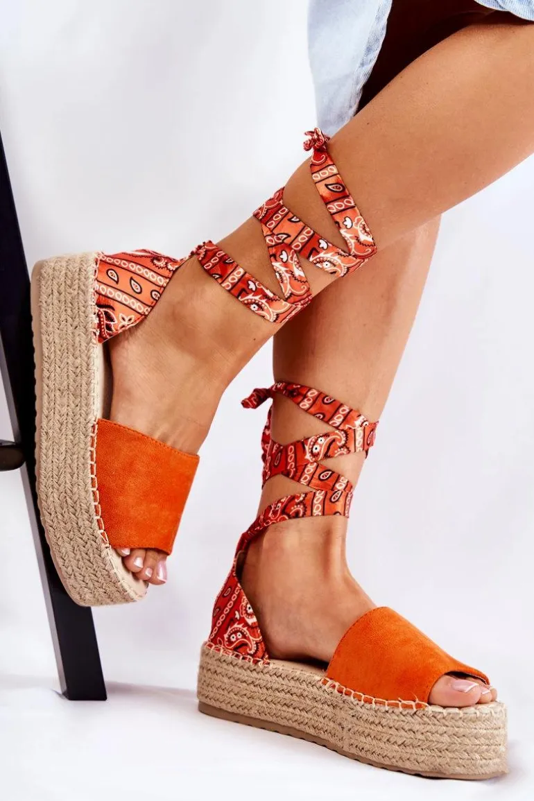 Zamszowe Sandały Na Koturnie Pomarańczowe Livia