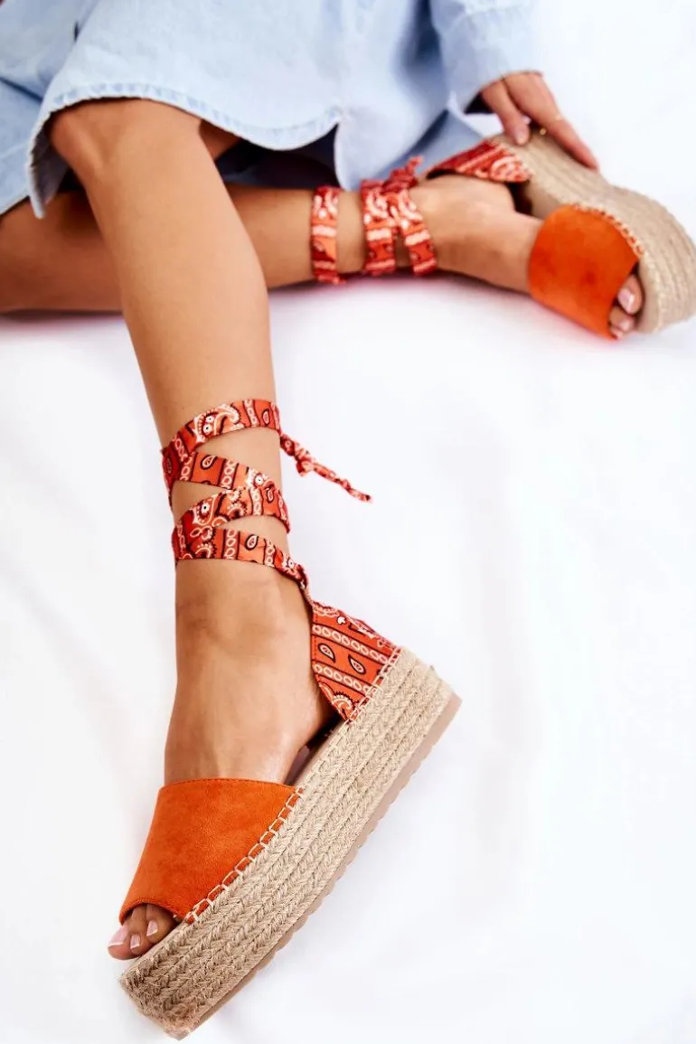 Zamszowe Sandały Na Koturnie Pomarańczowe Livia