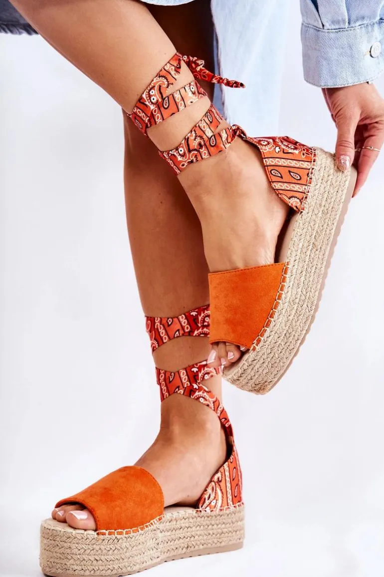 Zamszowe Sandały Na Koturnie Pomarańczowe Livia