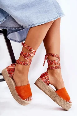 Zamszowe Sandały Na Koturnie Pomarańczowe Livia