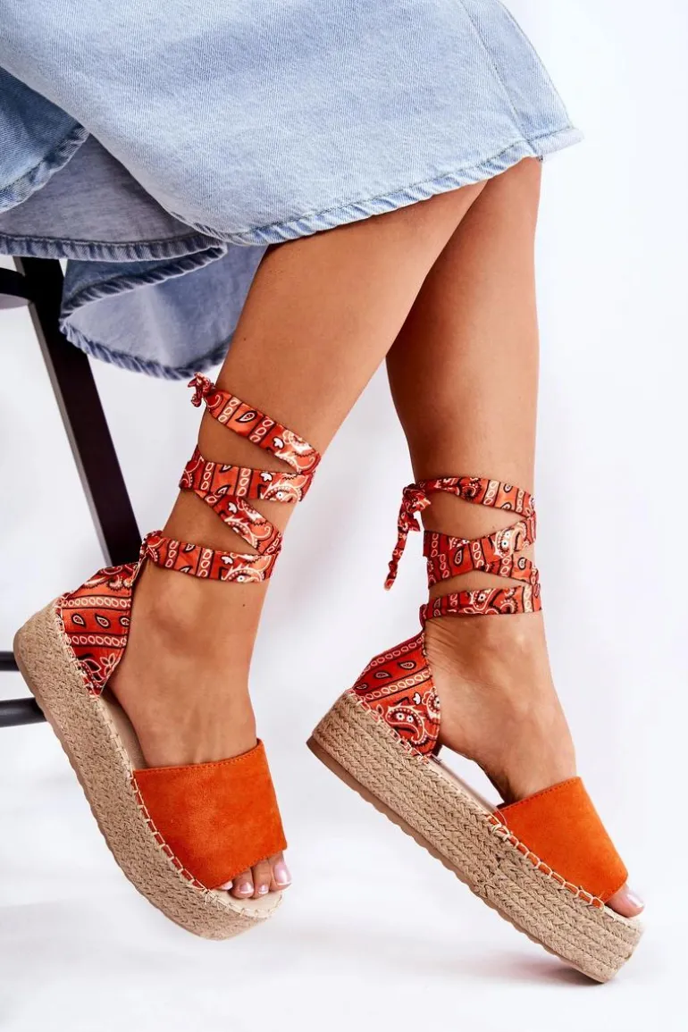 Zamszowe Sandały Na Koturnie Pomarańczowe Livia