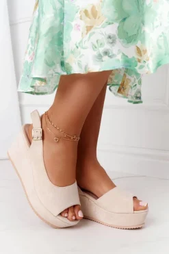 Zamszowe Sandały Na Koturnie Beżowe Party Time