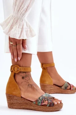 Zamszowe Sandały Na Koturnie Maciejka 04565-43 Pomarańczowe