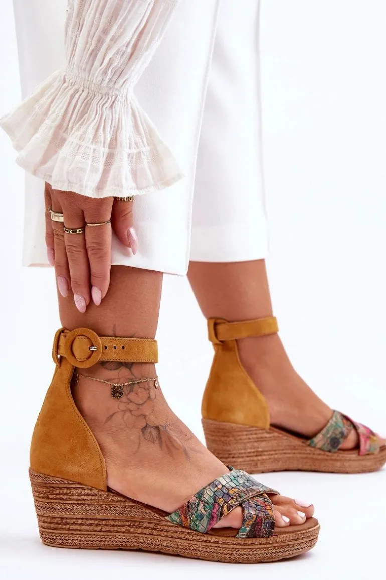 Zamszowe Sandały Na Koturnie Maciejka 04565-43 Pomarańczowe