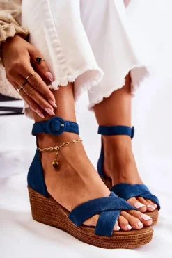 Zamszowe Sandały Na Koturnie Maciejka 04565-06 Granatowe