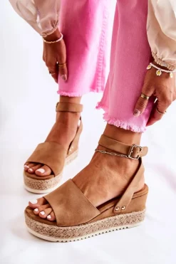 Zamszowe Sandały Na Koturnie Camel Lizbona