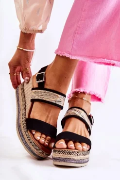 Zamszowe Sandały Na Koturnie Czarne Annabel