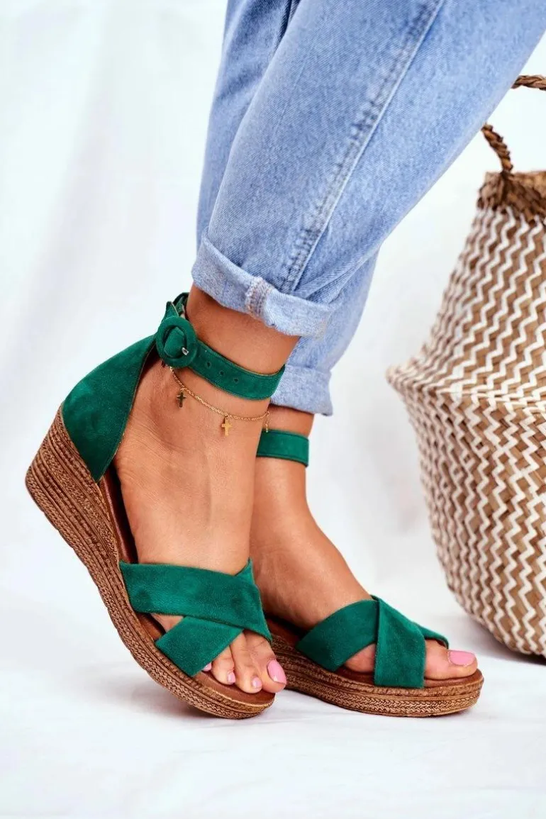 Zamszowe Sandały Na Koturnie Maciejka 04565-09 Zielone