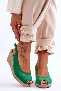 Zamszowe Sandały Na Koturnie Zielone Elsie