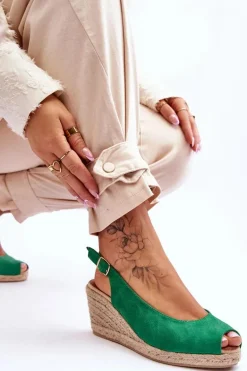 Zamszowe Sandały Na Koturnie Zielone Elsie