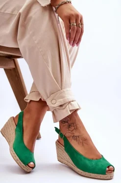 Zamszowe Sandały Na Koturnie Zielone Elsie