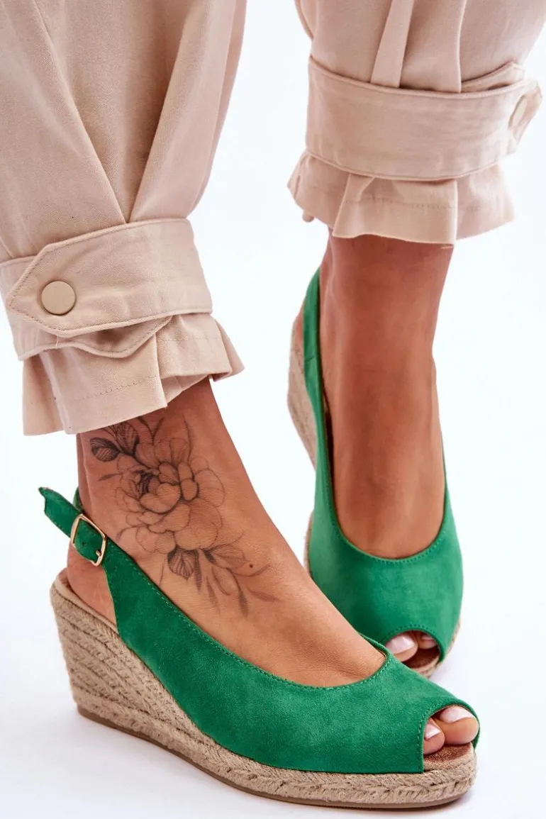Zamszowe Sandały Na Koturnie Zielone Elsie