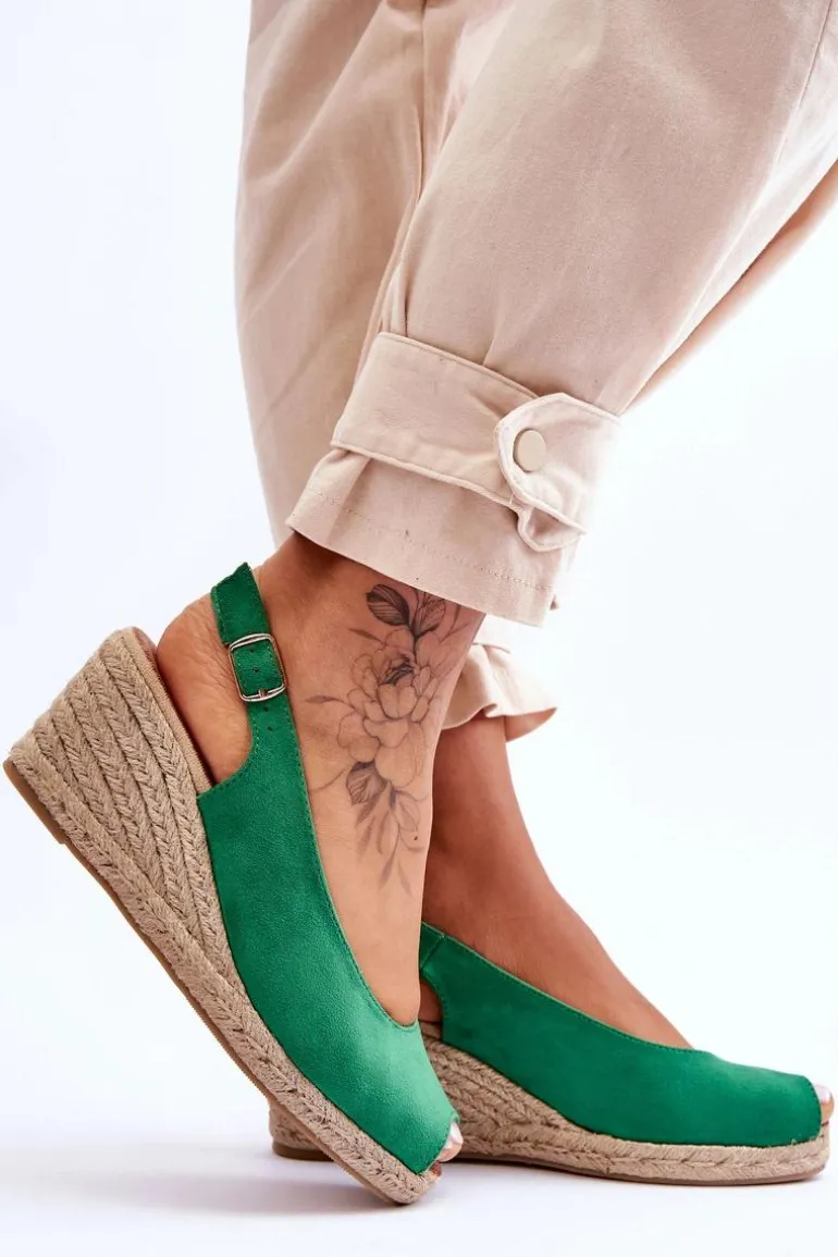 Zamszowe Sandały Na Koturnie Zielone Elsie