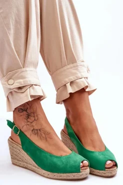 Zamszowe Sandały Na Koturnie Zielone Elsie